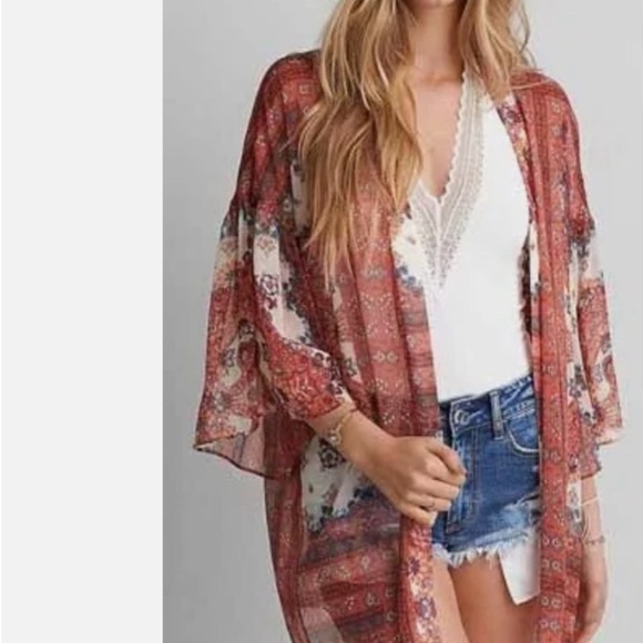 American Eagle Beach Cover Up Women Boho Floral Open Front Sheer Floral Kimono s - Picture 2 of 11